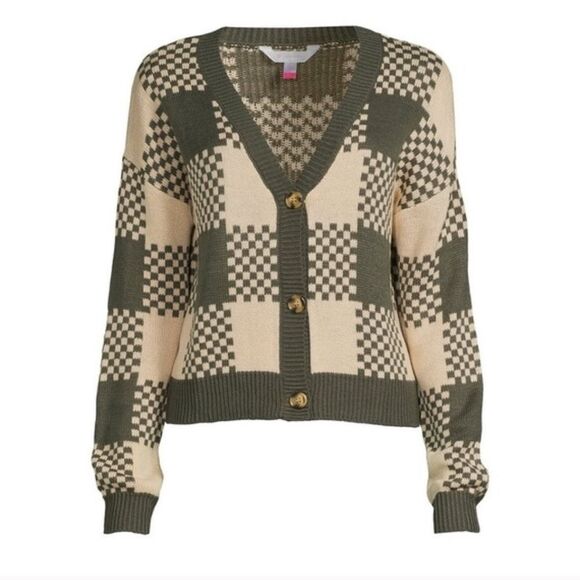 No Boundaries V-Neck Checkered Cardigan Size XXXL Juniors Rib Trim Preppy Green - Picture 9 of 10